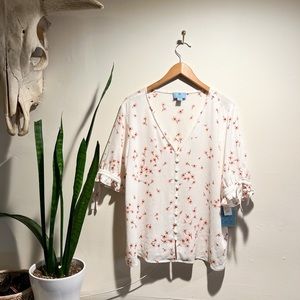 Floral V neck button up floret ruffle sleeve blouse shirt by Cece XL Ecru